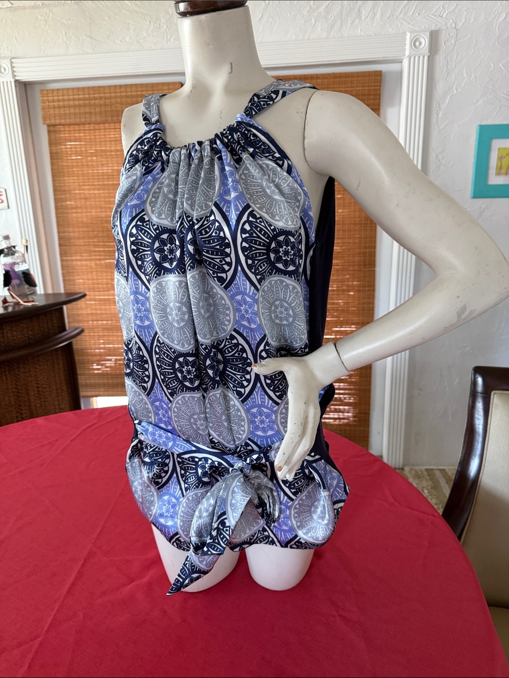 august silk Navy and Blue Medallion Halter Tank with Side Tie
